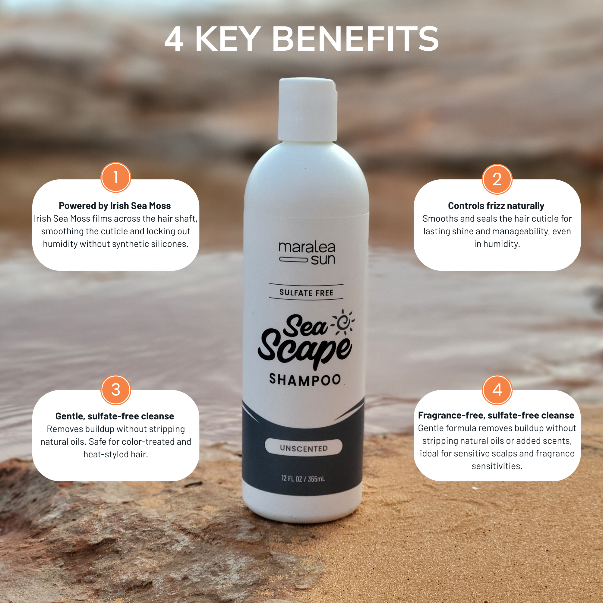 Maralea Sun Sea Scape Unscented Shampoo - fragrance-free sulfate-free frizz control with Irish Sea Moss