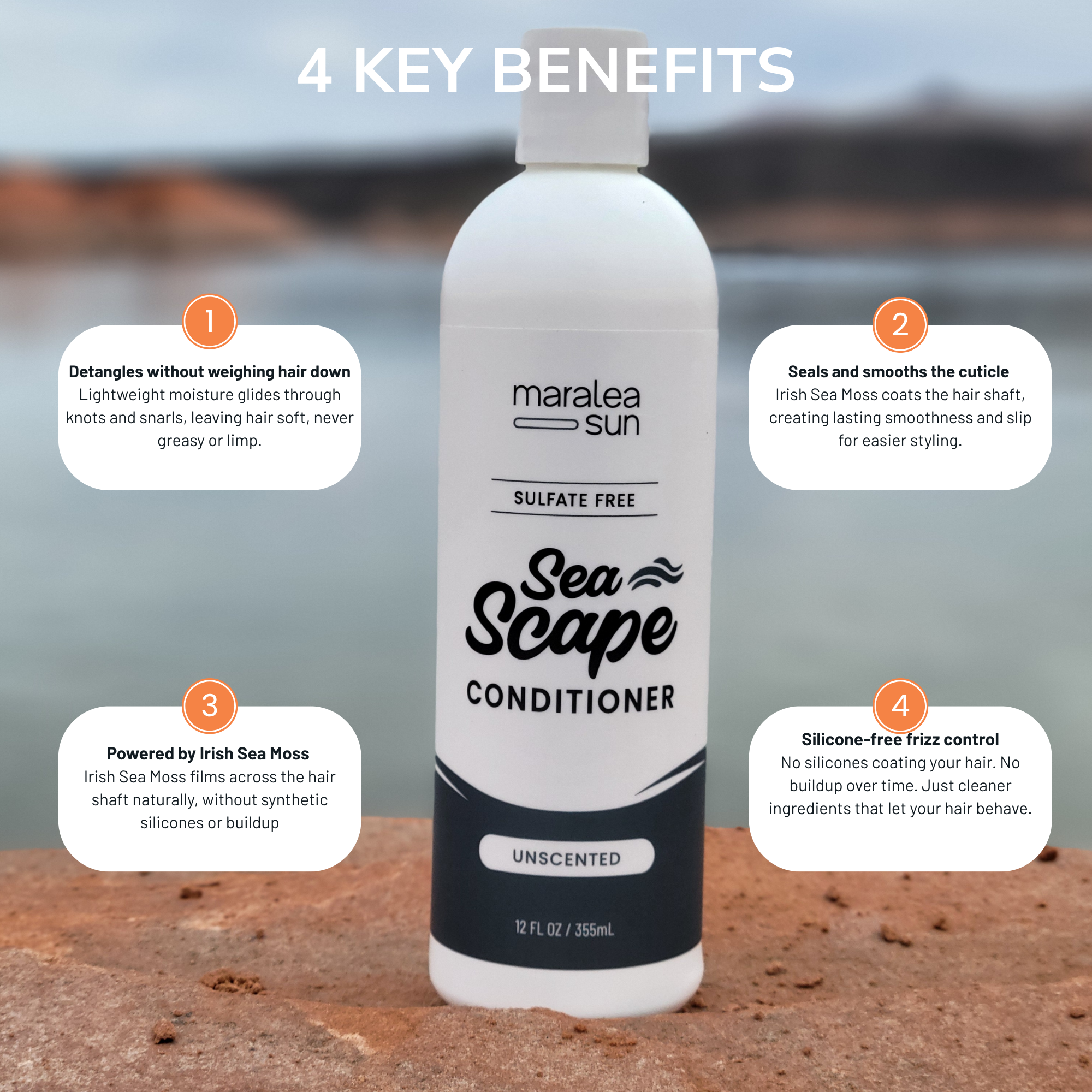 Maralea Sun Sea Scape Unscented Conditioner - 4 key benefits - fragrance-free sulfate-free frizz control with Irish Sea Moss