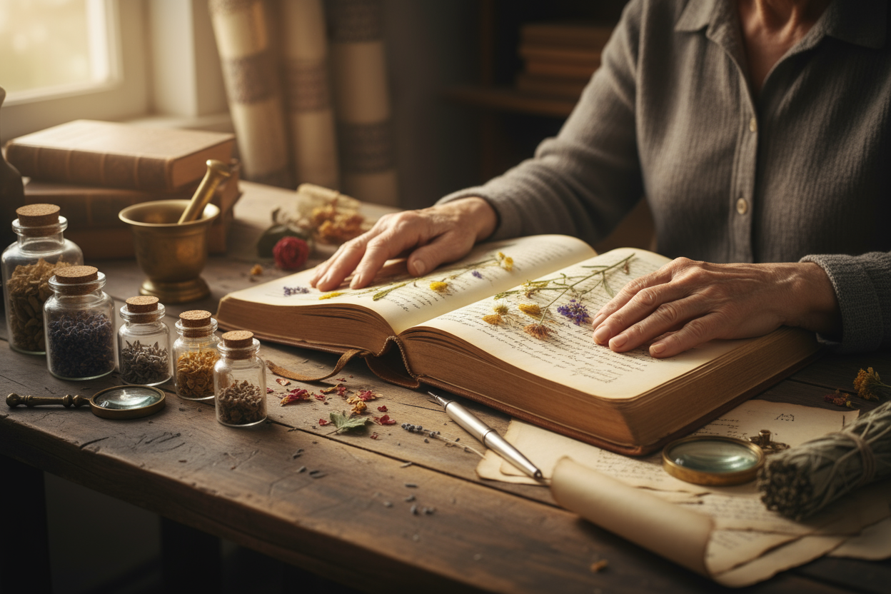 A realistic photograph of an elderly woman’s hands resting on an open, handwritten journal on a rustic wooden table. Soft morning sunlight filters through a nearby window, illuminating the pages and creating a cozy, nostalgic glow. Small glass jars of herbs, dried flowers, and vintage apothecary items are arranged naturally around the journal. The scene feels intimate, warm, and timeless — evoking family heritage, care, and reflection.